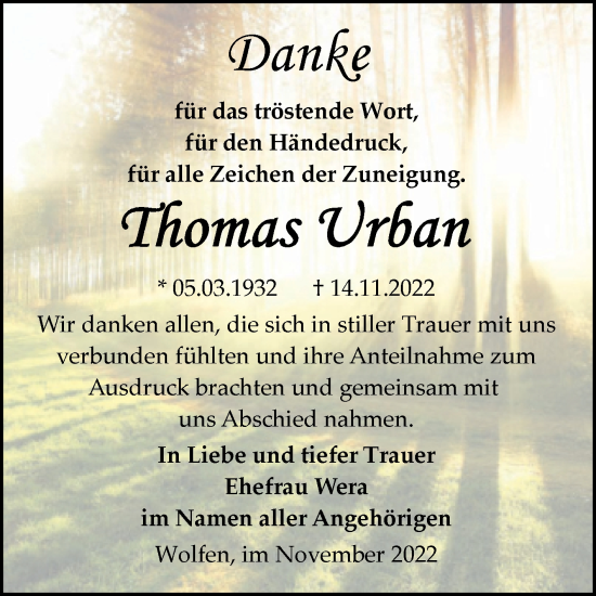 Traueranzeige von Thomas Urban von Wochenspiegel Bitterfeld