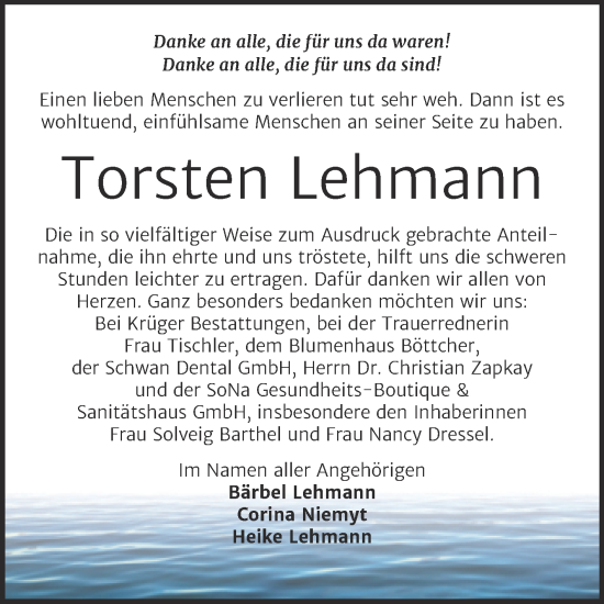 Traueranzeige von Torsten Lehmann von Trauerkombi Wittenberg