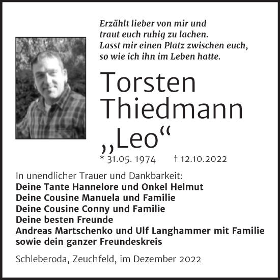Traueranzeige von Torsten Thiedmann von Naumburger Tageblatt