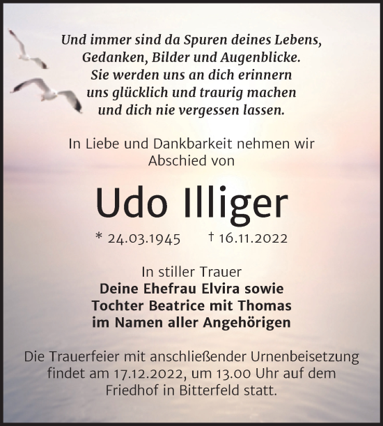 Traueranzeige von Udo Illiger von Trauerkombi Bitterfeld
