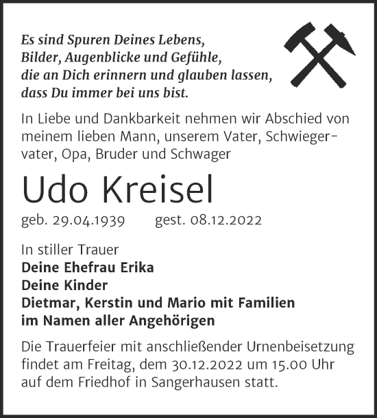 Traueranzeige von Udo Kreisel von Trauerkombi Sangerhausen