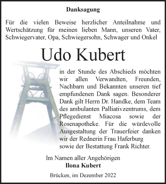 Traueranzeige von Udo Kubert von Trauerkombi Sangerhausen