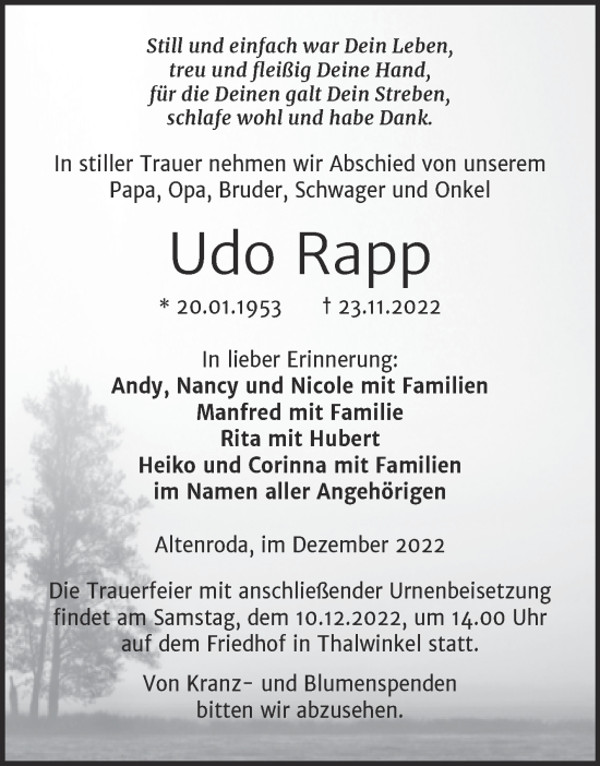 Traueranzeige von Udo Rapp von Wochenspiegel Naumburg/Nebra