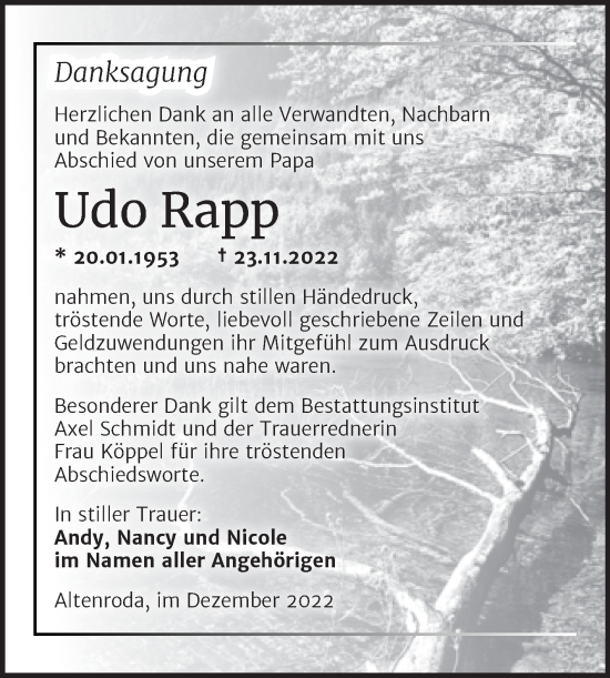 Traueranzeige von Udo Rapp von Wochenspiegel Naumburg/Nebra