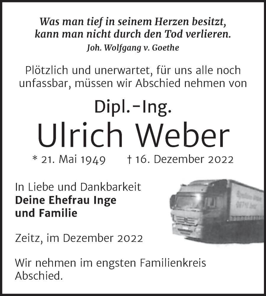  Traueranzeige für Ulrich Weber vom 31.12.2022 aus Trauerkombi Zeitz