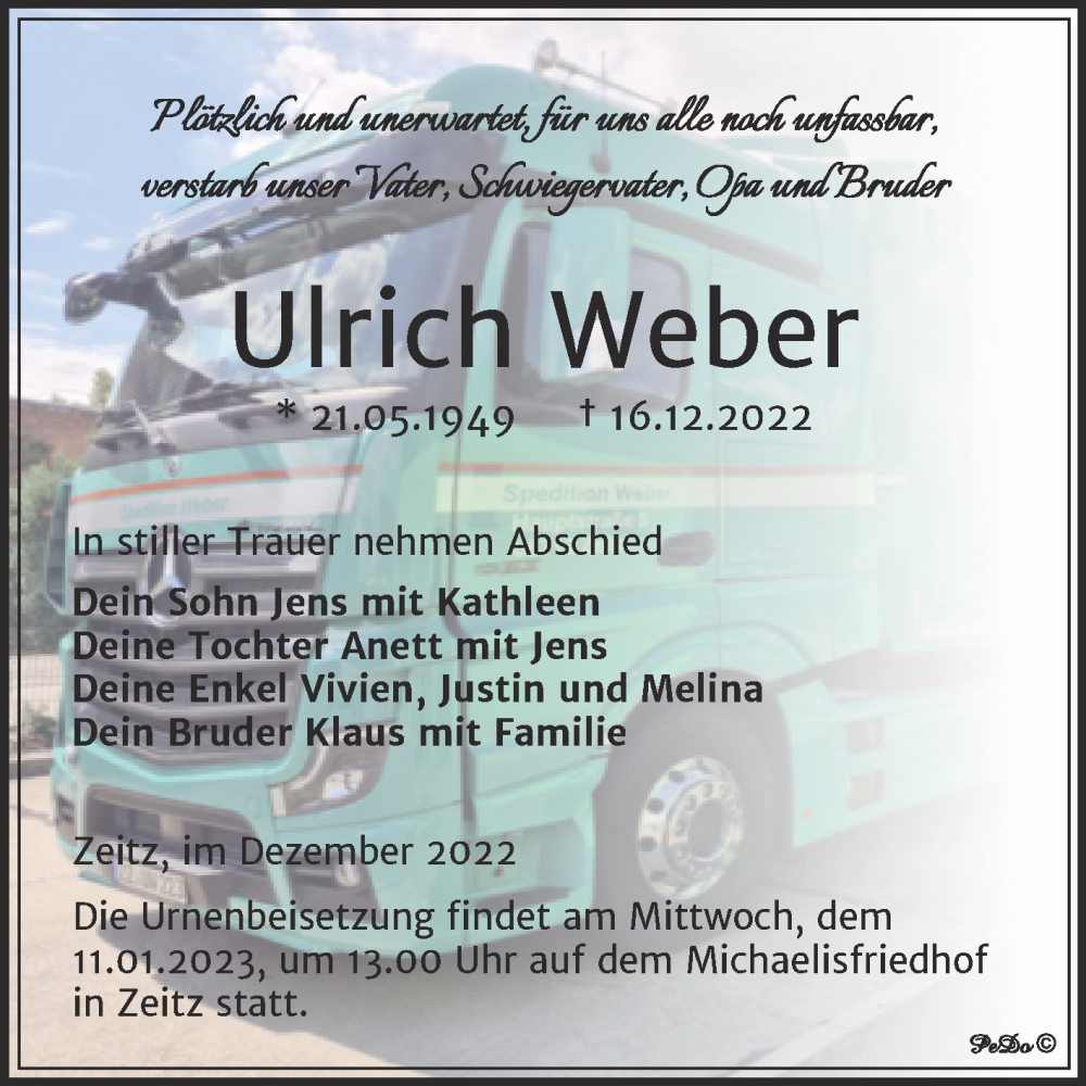  Traueranzeige für Ulrich Weber vom 31.12.2022 aus Trauerkombi Zeitz