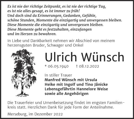 Traueranzeige von Ulrich Wünsch von Trauerkombi Merseburg