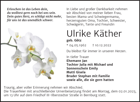 Traueranzeige von Ulrike Käther von Trauerkombi Bernburg