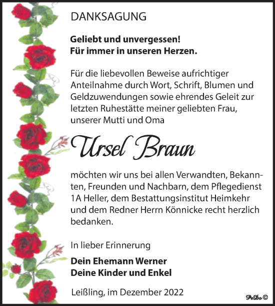 Traueranzeige von Ursel Braun von Trauerkombi Weißenfels