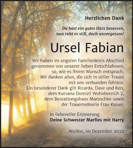 Traueranzeige von Ursel Fabian von Trauerkombi Bitterfeld