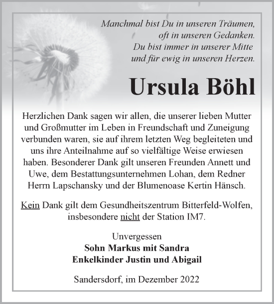Traueranzeige von Ursula Böhl von Trauerkombi Bitterfeld