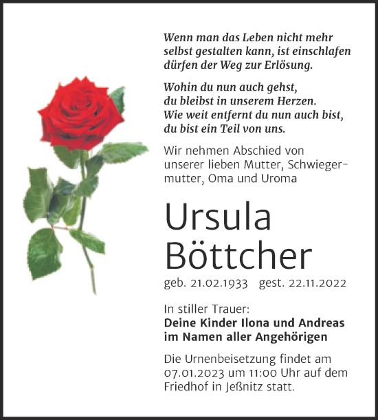 Traueranzeige von Ursula Böttcher von Trauerkombi Bitterfeld
