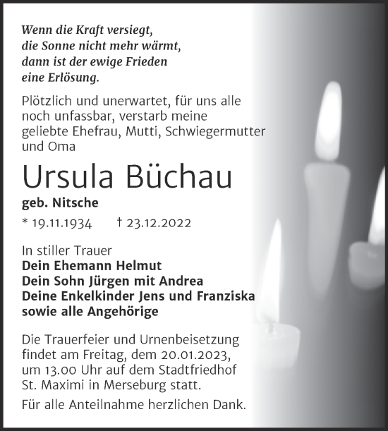 Traueranzeige von Ursula Büchau von Trauerkombi Merseburg