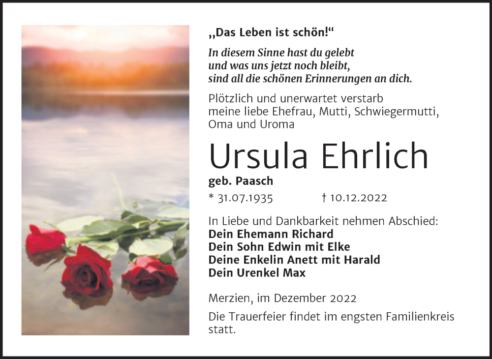  Traueranzeige für Ursula Ehrlich vom 16.12.2022 aus Trauerkombi Köthen