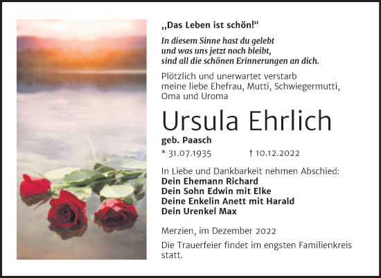Traueranzeige von Ursula Ehrlich von Trauerkombi Köthen