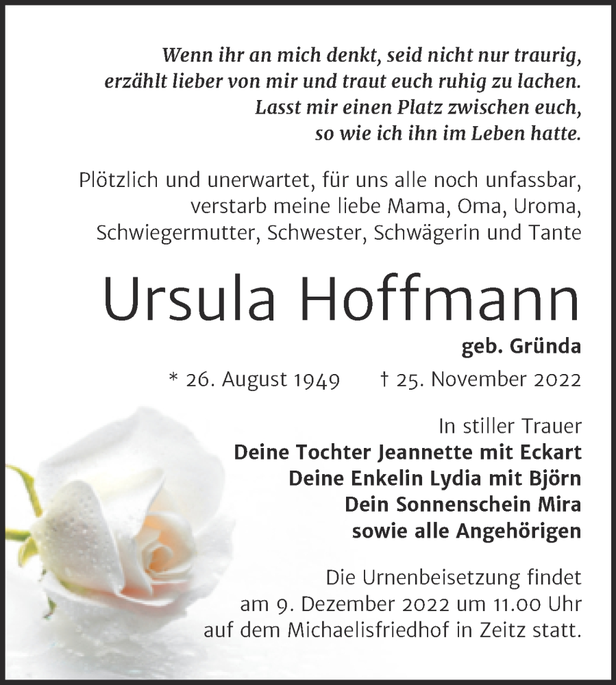  Traueranzeige für Ursula Hoffmann vom 03.12.2022 aus Trauerkombi Zeitz