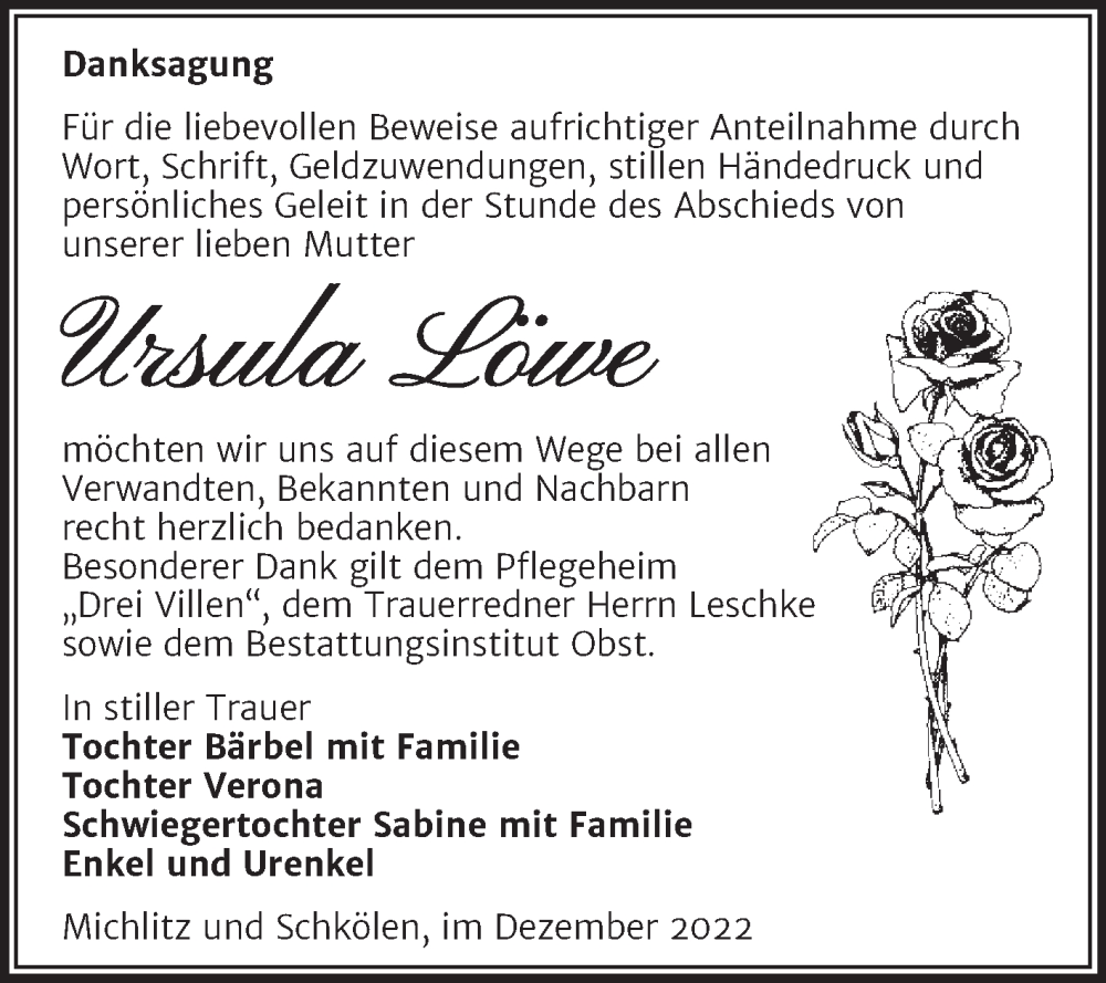  Traueranzeige für Ursula Löwe vom 21.12.2022 aus Trauerkombi Weißenfels