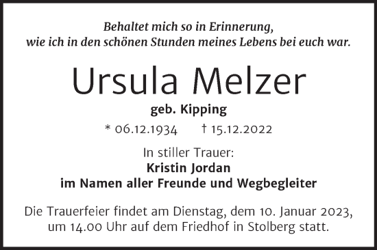 Traueranzeige von Ursula Melzer von Trauerkombi Sangerhausen