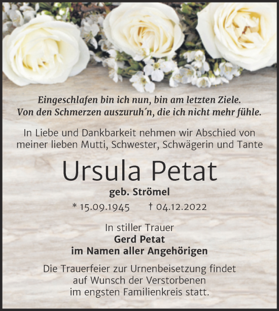 Traueranzeige von Ursula Petat von Trauerkombi Sangerhausen