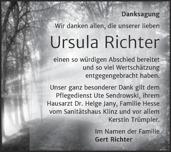 Traueranzeige von Ursula Richter von Mitteldeutsche Zeitung Merseburg/Querfurt
