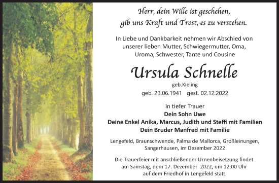 Traueranzeige von Ursula Schnelle von Trauerkombi Sangerhausen