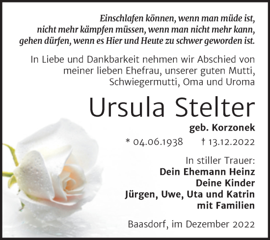 Traueranzeige von Ursula Stelter von Trauerkombi Köthen