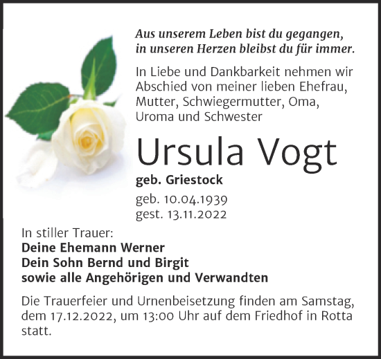 Traueranzeige von Ursula Vogt von Trauerkombi Wittenberg