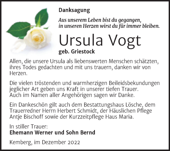 Traueranzeige von Ursula Vogt von Trauerkombi Wittenberg