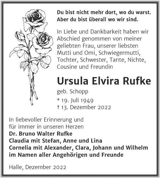 Traueranzeige von Ursula Elvira Rufke von Mitteldeutsche Zeitung Halle/Saalkreis
