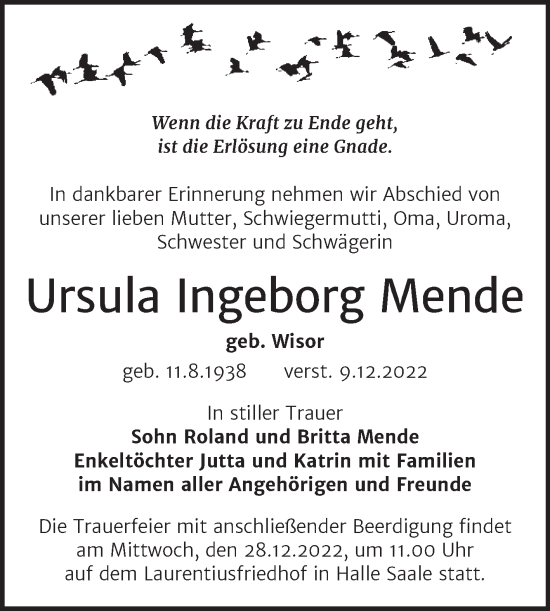 Traueranzeige von Ursula Ingeborg Mende von Mitteldeutsche Zeitung Halle/Saalkreis