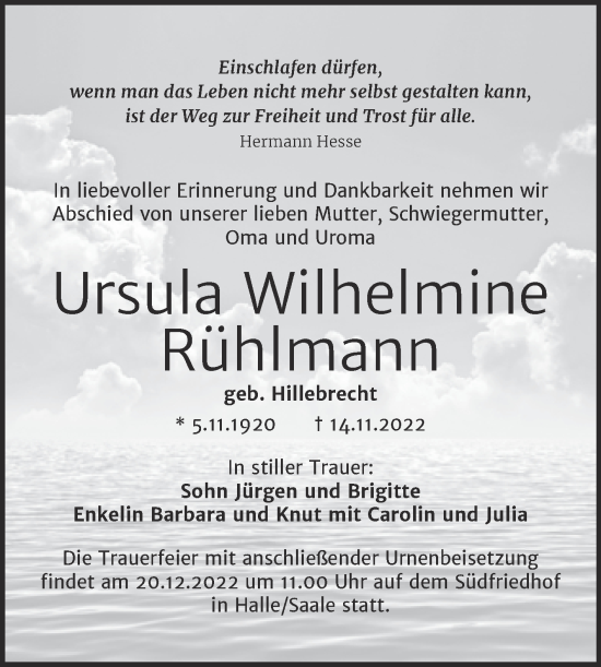 Traueranzeige von Ursula Wilhelmine Rühlmann von Mitteldeutsche Zeitung Halle/Saalkreis