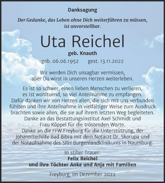 Traueranzeige von Uta Reichel von Wochenspiegel Naumburg/Nebra