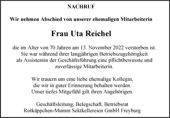 Traueranzeige von Uta Reichel von Wochenspiegel Naumburg/Nebra
