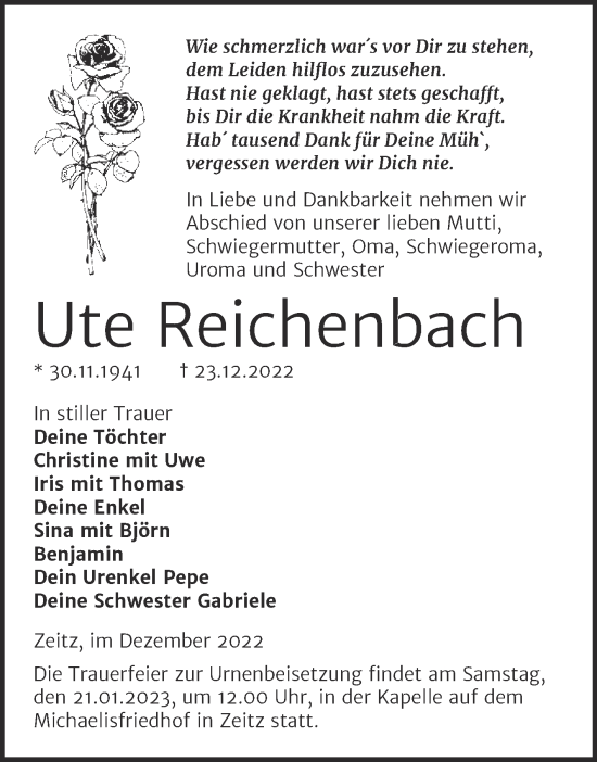 Traueranzeige von Ute Reichenbach von Trauerkombi Zeitz