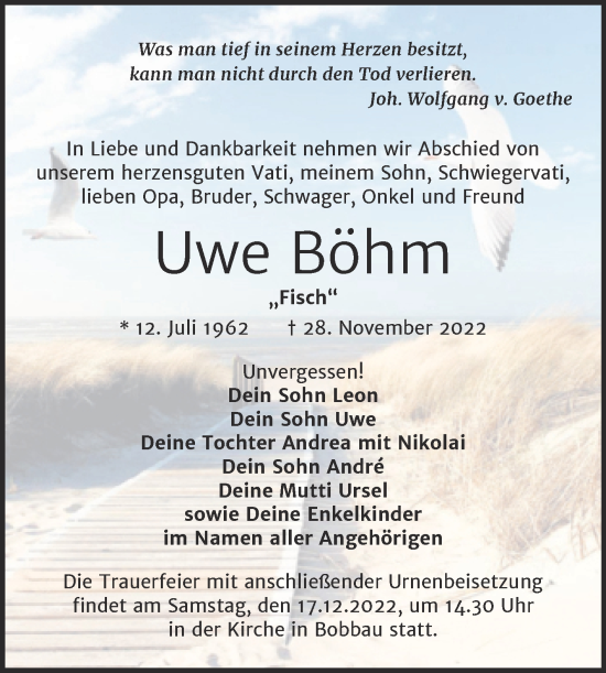 Traueranzeige von Uwe Böhm von Trauerkombi Bitterfeld