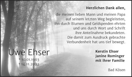 Traueranzeige von Uwe Ehser von Wochenspiegel Naumburg/Nebra