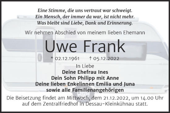 Traueranzeige von Uwe Frank von Trauerkombi Dessau