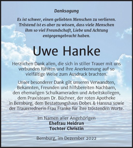 Traueranzeige von Uwe Hanke von Trauerkombi Bernburg