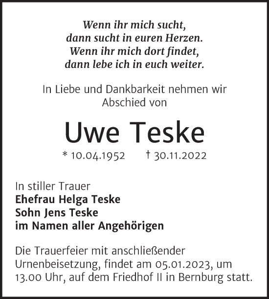 Traueranzeige von Uwe Teske von Trauerkombi Bernburg