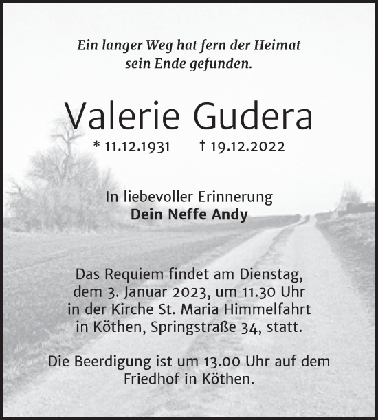Traueranzeige von Valerie Gudera von Trauerkombi Köthen