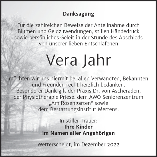 Traueranzeige von Vera Jahr von Wochenspiegel Naumburg/Nebra