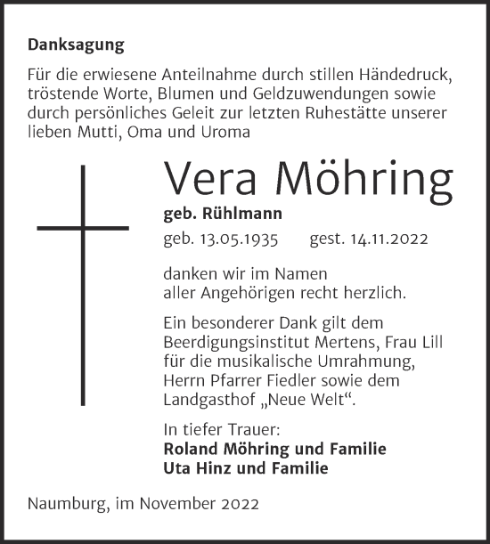 Traueranzeige von Vera Möhring von Naumburger Tageblatt