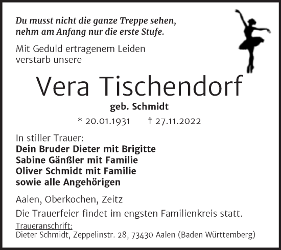 Traueranzeige von Vera Tischendorf von Trauerkombi Zeitz