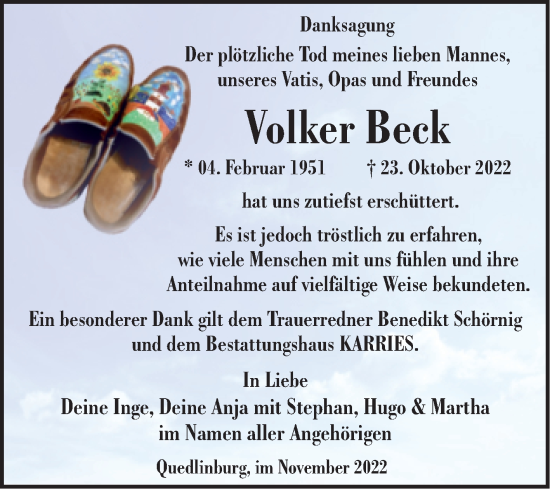 Traueranzeige von Volker Beck von Super Sonntag Quedlingburg