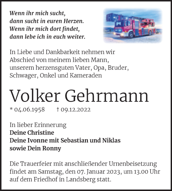 Traueranzeige von Volker Gehrmann von Mitteldeutsche Zeitung Halle/Saalkreis