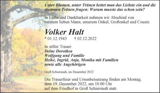 Traueranzeige von Volker Halt von Trauerkombi Aschersleben