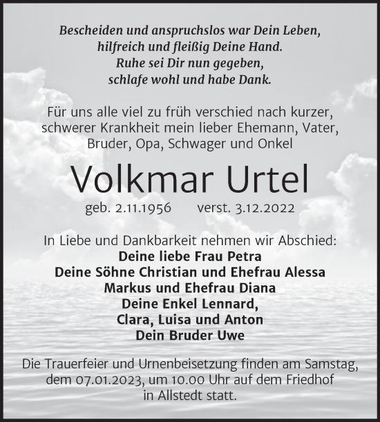 Traueranzeige von Volkmar Urtel von Trauerkombi Sangerhausen