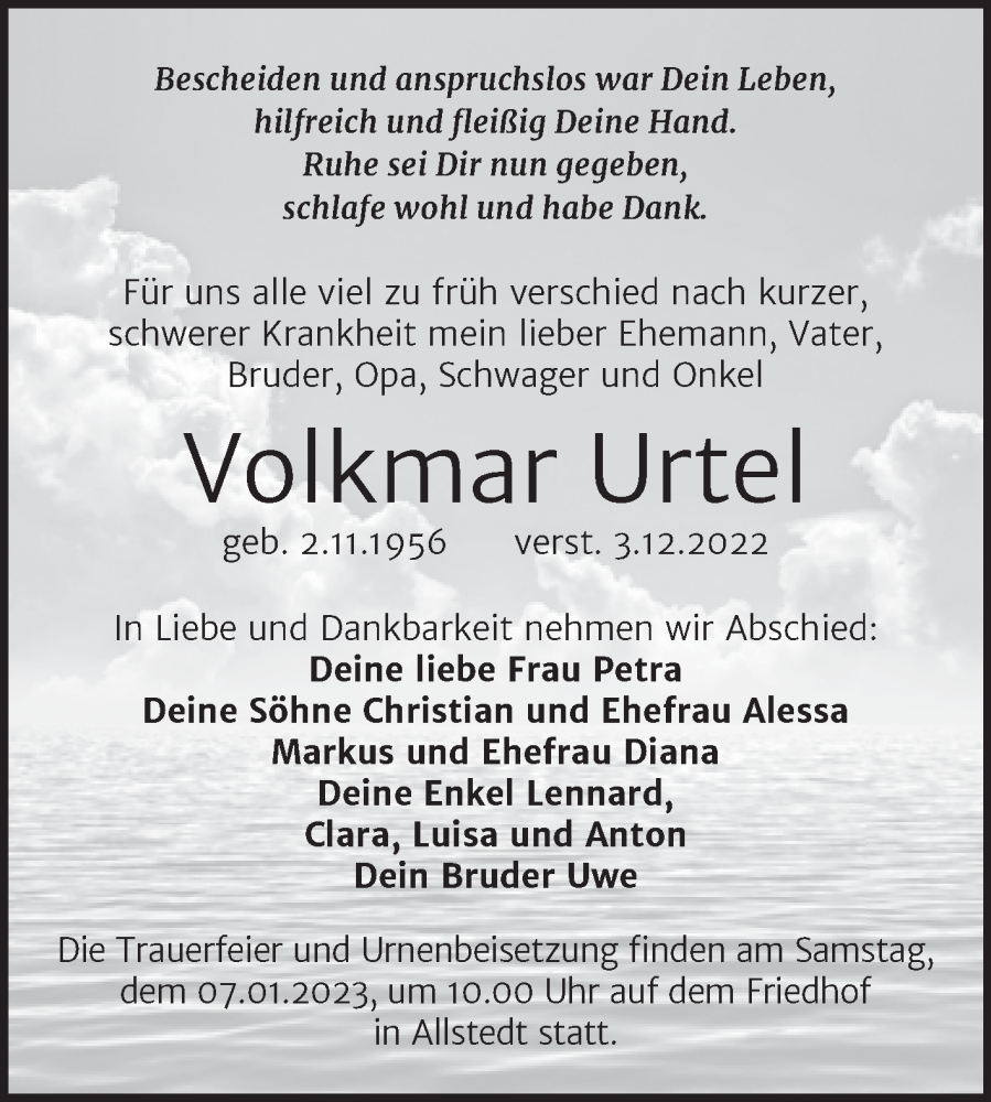  Traueranzeige für Volkmar Urtel vom 10.12.2022 aus Trauerkombi Sangerhausen