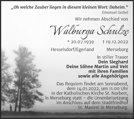 Traueranzeige von Walburga Schulze von Trauerkombi Merseburg