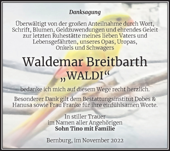 Traueranzeige von Waldemar Breitbarth von Trauerkombi Bernburg